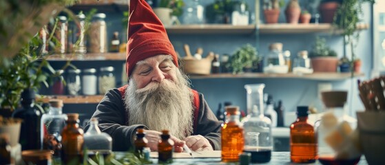 A gnome creating healing elixirs in a hospital lab, using a combination of ancient magic and modern medicine - obrazy, fototapety, plakaty