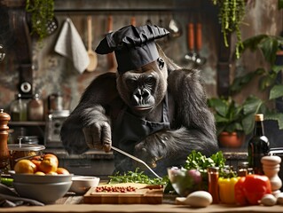 A gourmet chef gorilla expertly preparing a meal in a high-end kitchen, with a toque and apron, surrounded by fresh ingredients - obrazy, fototapety, plakaty