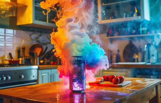 A genie emerging from a soda can colorful smoke and magical sparkles filling a surprised persons kitchen