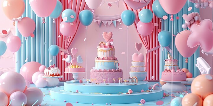 Background with front view of a happy birthday party elements, 3d rendering. Generative AI.