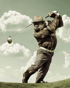 A golfing gorilla in stylish attire, swinging a club with surprising grace on a lush, green golf course
