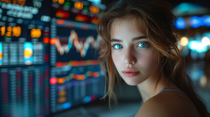 a young beautiful woman looking at the monitor with stock market data. Trading and financial concept.