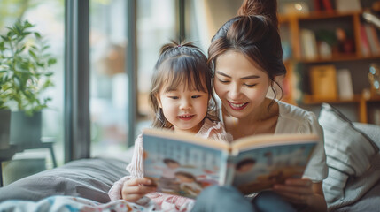 lovely family mom and daughter reading story together on sofa daytime at home family hobby relation weekend lifestyle.