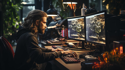 Fototapeta na wymiar Man Working at Computer Desk With Two Monitors. Generative AI