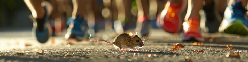 A marathon-running mouse, tiny but determined, racing alongside human runners, displaying incredible endurance - obrazy, fototapety, plakaty