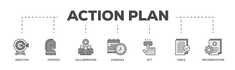 Action plan icons process structure web banner illustration of objective, strategy, collaboration, schedule, act, launch, check, and implementation icon live stroke and easy to edit 