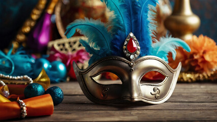 Carnival mask and decoration on wooden background, with copy space, Mardi Gras carnival celebration.