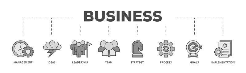 Business icons process structure web banner illustration of management, ideas, leadership, team, strategy, process, goals, and implementation icon live stroke and easy to edit 