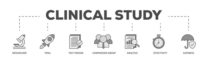 Clinical study icons process structure web banner illustration of researcher, trial, test person, comparison group, analysis, effectivity, and safeness icon live stroke and easy to edit 