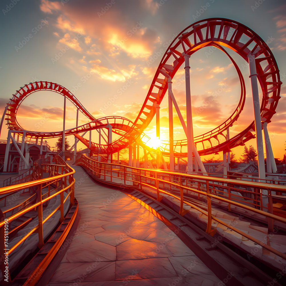 Sticker Roller coaster at an amusement park against a sunset