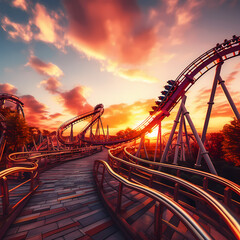 Roller coaster at an amusement park against a sunset - obrazy, fototapety, plakaty