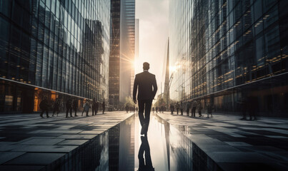 Successful businessman walking down the business centrum, reflective skyscrapers around