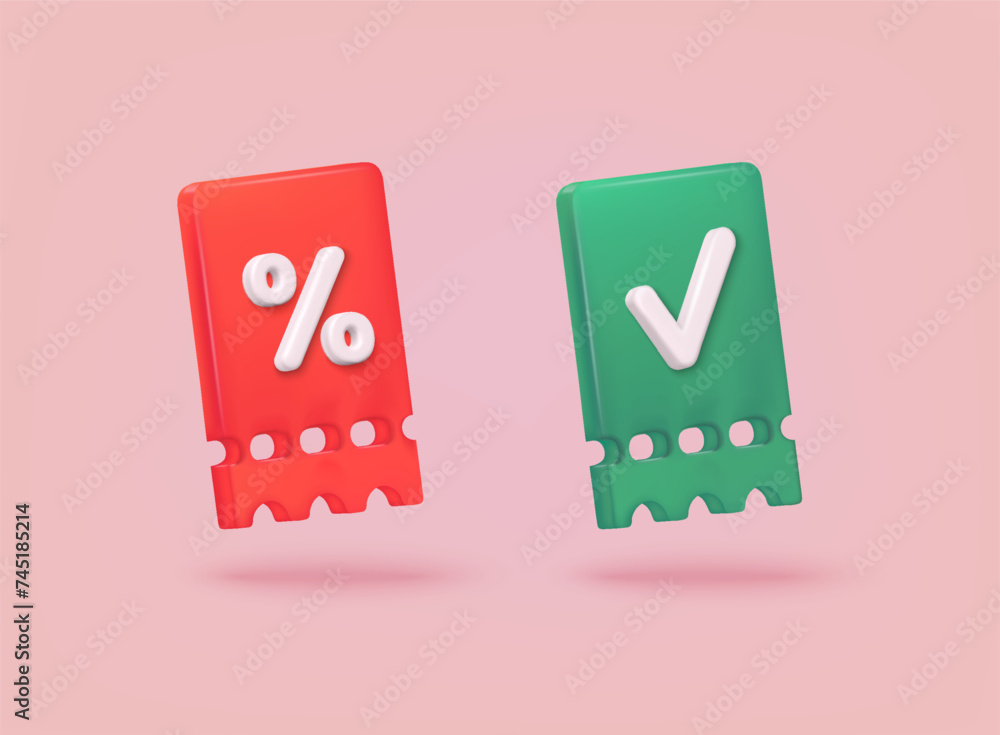 Poster label set with percent, check mark. app icon. 3d web vector illustrations.