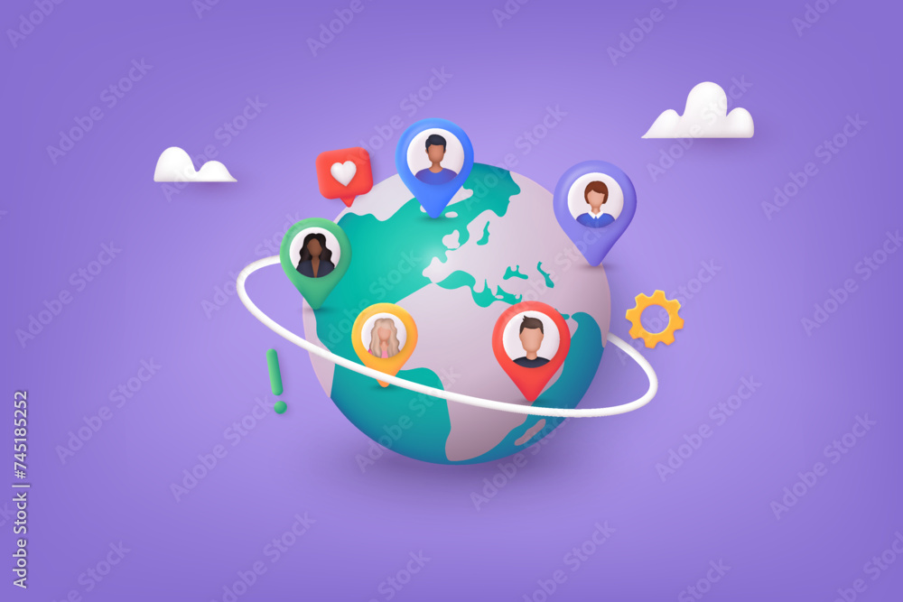Poster global communication network. social media communication systems and technologies. 3d web vector ill