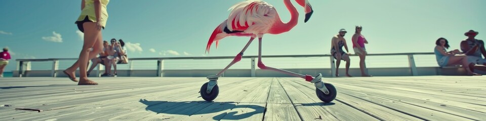 A rollerblading flamingo elegantly gliding along a boardwalk, balancing skillfully, with beachgoers watching in delight