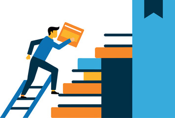 To access opportunities, businesspeople must climb a book stack staircase. Education or learning can provide new opportunities, wisdom or knowledge can open doors to success, growth, or professional 