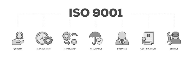 ISO 9001 icons process structure web banner illustration of environmental, planning, control, management, standard and certification icon live stroke and easy to edit 