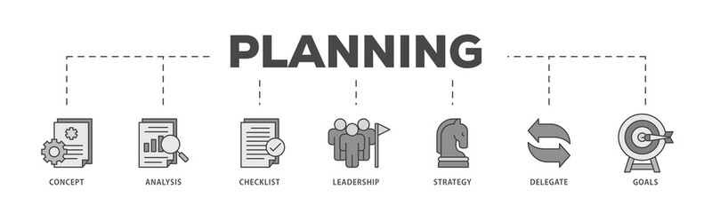 Planning icons process structure web banner illustration of concept, analysis, checklist, leadership, strategy, delegate and goals icon live stroke and easy to edit 