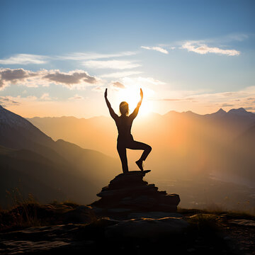 Silhouette of a person doing yoga on a mountaintop 