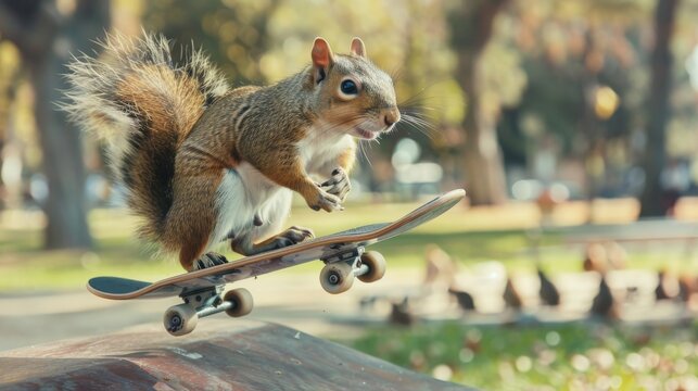 A skateboard-riding squirrel performing stunts in a park, gliding and flipping on a tiny board, with a crowd of other squirrels watching