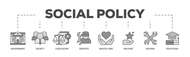 Social policy icons process structure web banner illustration of education, reform, services, welfare, health care ,legislation, society, government icon live stroke and easy to edit 