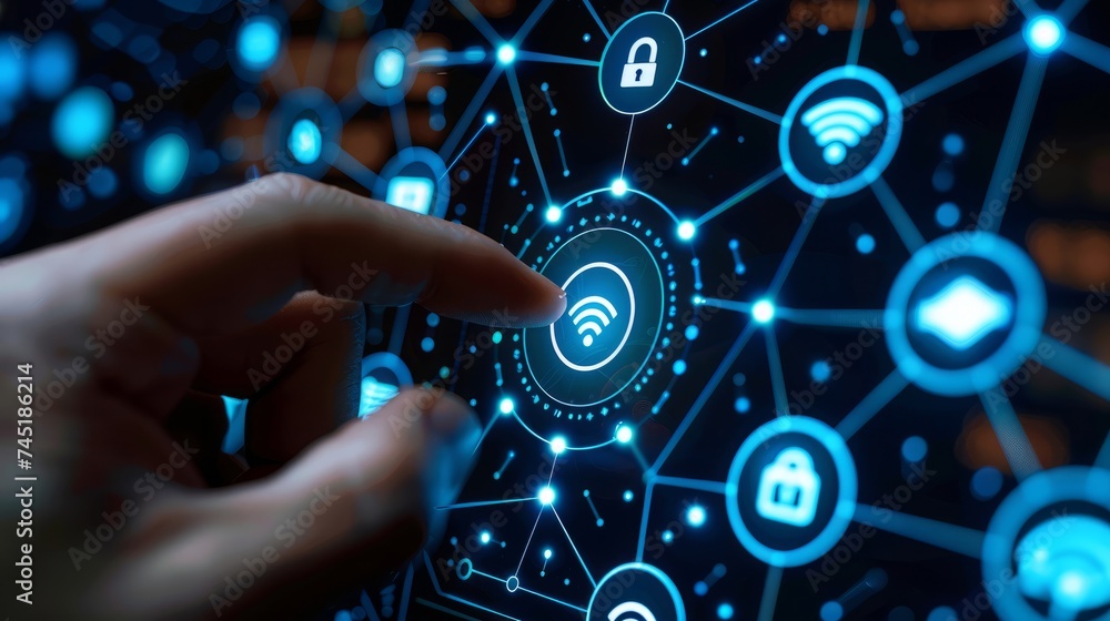 Poster a close-up of a finger touching a secure wireless network connection on a digital interface featurin