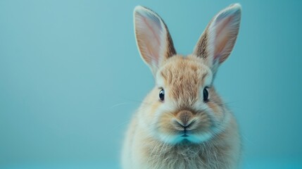 A brown rabbit with large ears looks curiously to the side on a calming teal background, with copy space for easter, rabbit, animal, pet, brown, cute, fur, ear, mammal, background, celebration