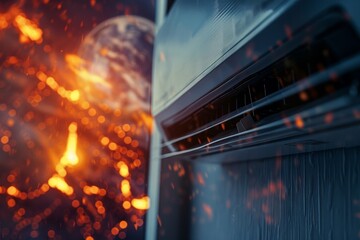 Close up of an air conditioner with a background of a burning Earth contrasting coolness and heat - obrazy, fototapety, plakaty