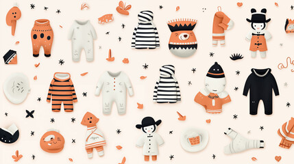 Assorted orange and black items on white background. Generative AI