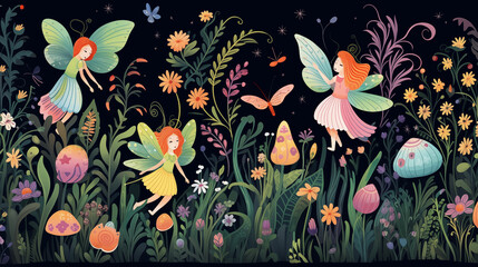 Fairy girls in a field of flowers. Generative AI