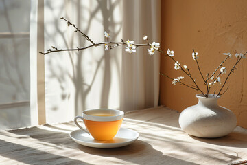 Tea setting with cherry blossoms in a white vase on a sunlit beige tablecloth. Springtime and serenity concept. Design for hospitality, lifestyle editorial, and peaceful moments. Side view with natura