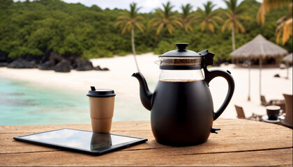 Tropical Morning: Coffee and Technology on the Beach
