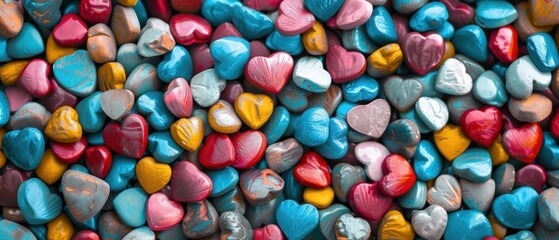Fototapeta na wymiar Colorful heart-shaped candies spread out, suitable for themes like love, Valentine's Day, or sweetness.