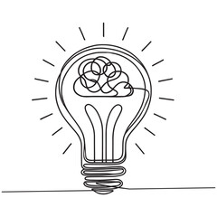 Single continuous line drawing of half light bulb and half human brain logo label. vector illustration