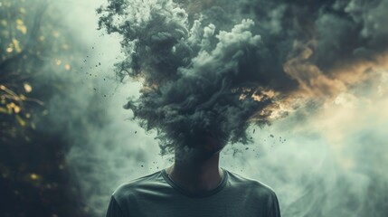 Conceptual image of a person with a head exploding into smoke, symbolizing stress, burnout, or mental overload. - obrazy, fototapety, plakaty