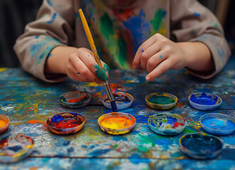Naklejka premium The child draws with color paints