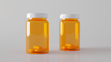 closeup of two orange medical prescription medical prescription bottles with pills on white background 