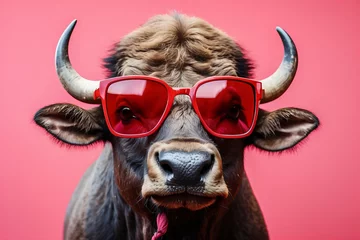 Afwasbaar fotobehang cow wearing sunglasses and red hair © IOLA