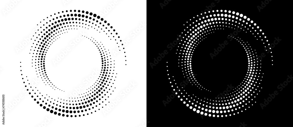 Poster Modern abstract background. Halftone dots in circle form. Round logo. Vector dotted frame. Design element or icon. Black shape on a white background and the same white shape on the black side.