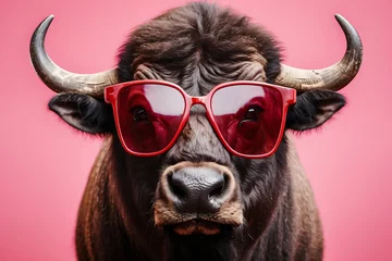 Foto op Canvas cow wearing sunglasses and red hair © IOLA