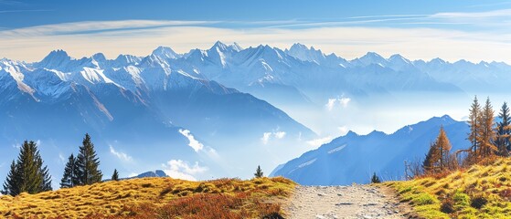 Panoramic view of a mountain trail with autumn foliage, overlooking a sea of clouds against a backdrop of majestic snow-capped peaks.