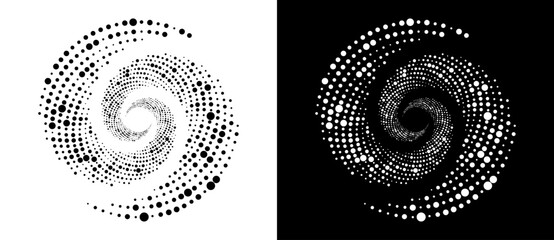 Modern abstract background. Halftone dots in circle form. Round logo. Vector dotted frame. Design element or icon. Black shape on a white background and the same white shape on the black side. - obrazy, fototapety, plakaty