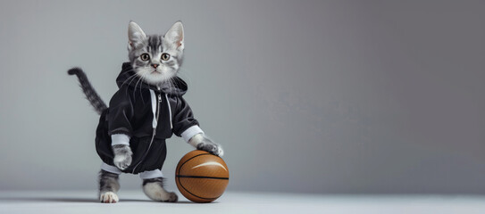 kitten, dressed in a stylish tracksuit, complete with basketball shoes and sophisticated accessories. confidently on both feet, sporty and refined. athleticism and elegance, for creative project