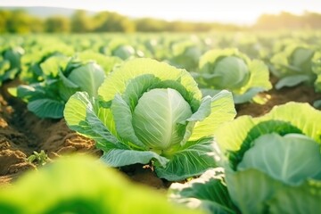 A field of green cabbage growing in the sun. Suitable for agricultural or food-related projects