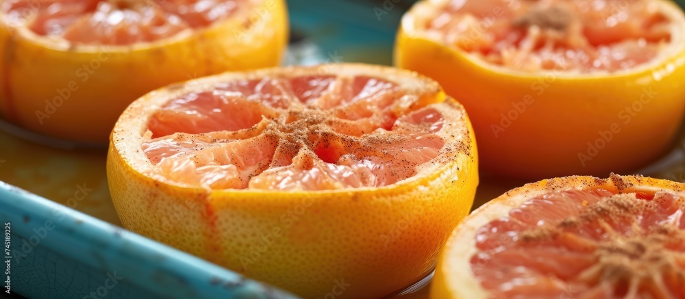 Poster a close-up view of ripe oranges arranged neatly in a tray placed on a wooden table. the oranges are 