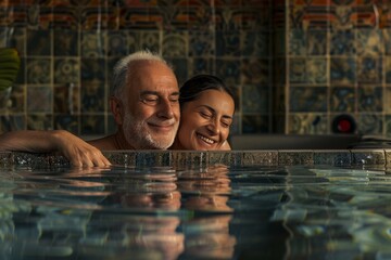 Mature Couple Enjoying a Relaxing Moment in a Spa Jacuzzi - obrazy, fototapety, plakaty