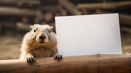 A cute ground squirrel holding a blank sign on a log. Perfect for advertising or messaging concepts - obrazy, fototapety, plakaty