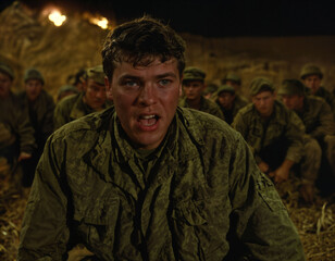 Obraz premium photo of intense soldier man in army outfit in serious dangerous war, generative AI