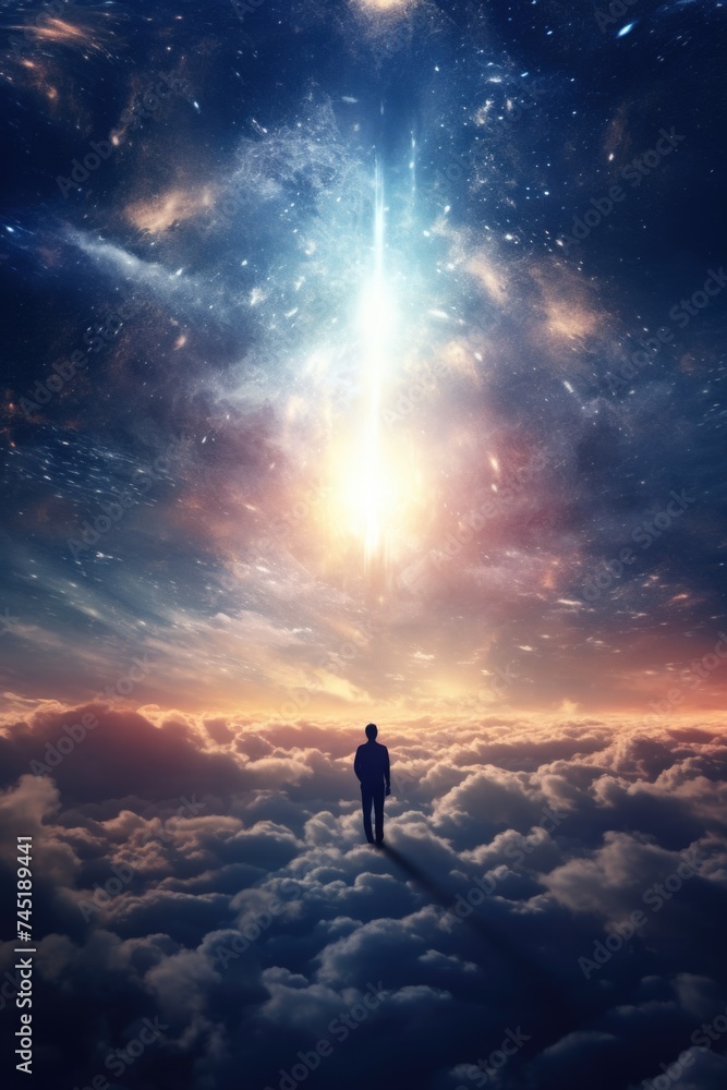 Poster a man standing on top of a cloud covered ground. ideal for inspirational and dreamy concepts