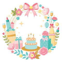 pastel colors frame with free place for text made from lot of birthday little cakes, candles, champagne